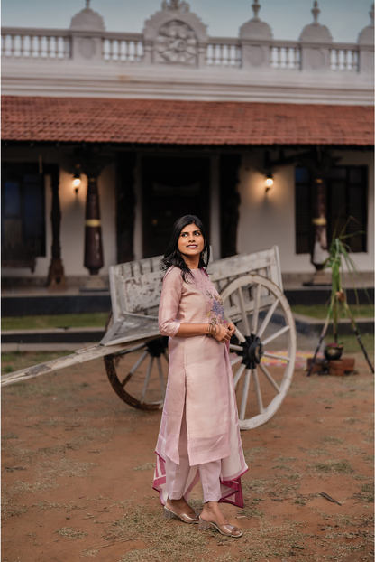 Rose Mist Light Pink 3 Piece Tussar Silk Blend Floral Embroidered & Printed Kurta with Pant & Dupatta