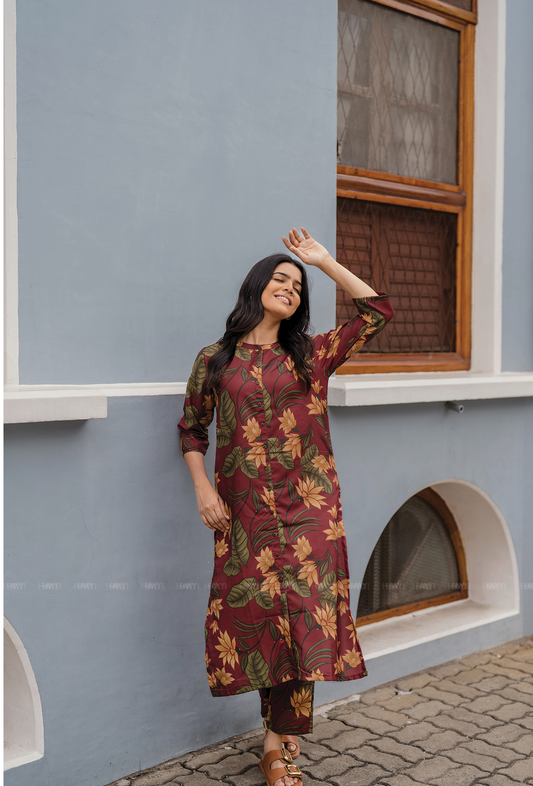 Terra Red with Earthy Boho floral printed Linen Blend Co-ords