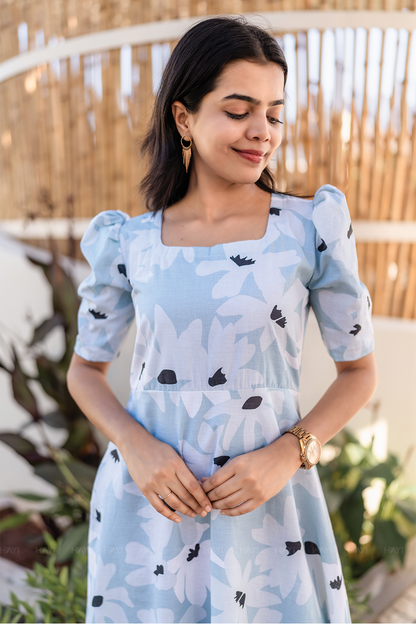 Fleur Blue Cotton Blend Dress with Rounded Square Neck & Leg-O-Mutton Sleeves