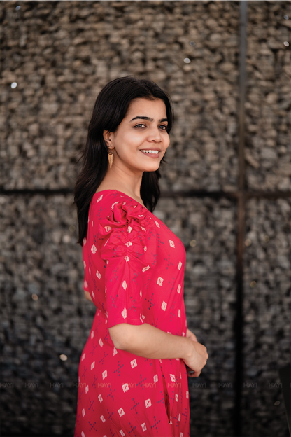Redloom Cotton Dress with Sweetheart neck & Leg-O-Mutton Sleeves