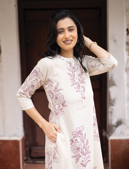 Lineleaf Tales White Cotton Flex A-line Kurta with Chinese Collar & 3/4th Sleeves
