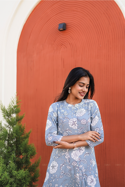 Hazy Petal Blue Viscose Co-ord with Chinese Collar & 3/4th sleeves