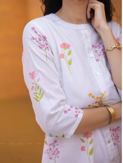 Petal Dreams Off White Linen Blend A-line Kurta with Chinese Collar and 3/4th Sleeves