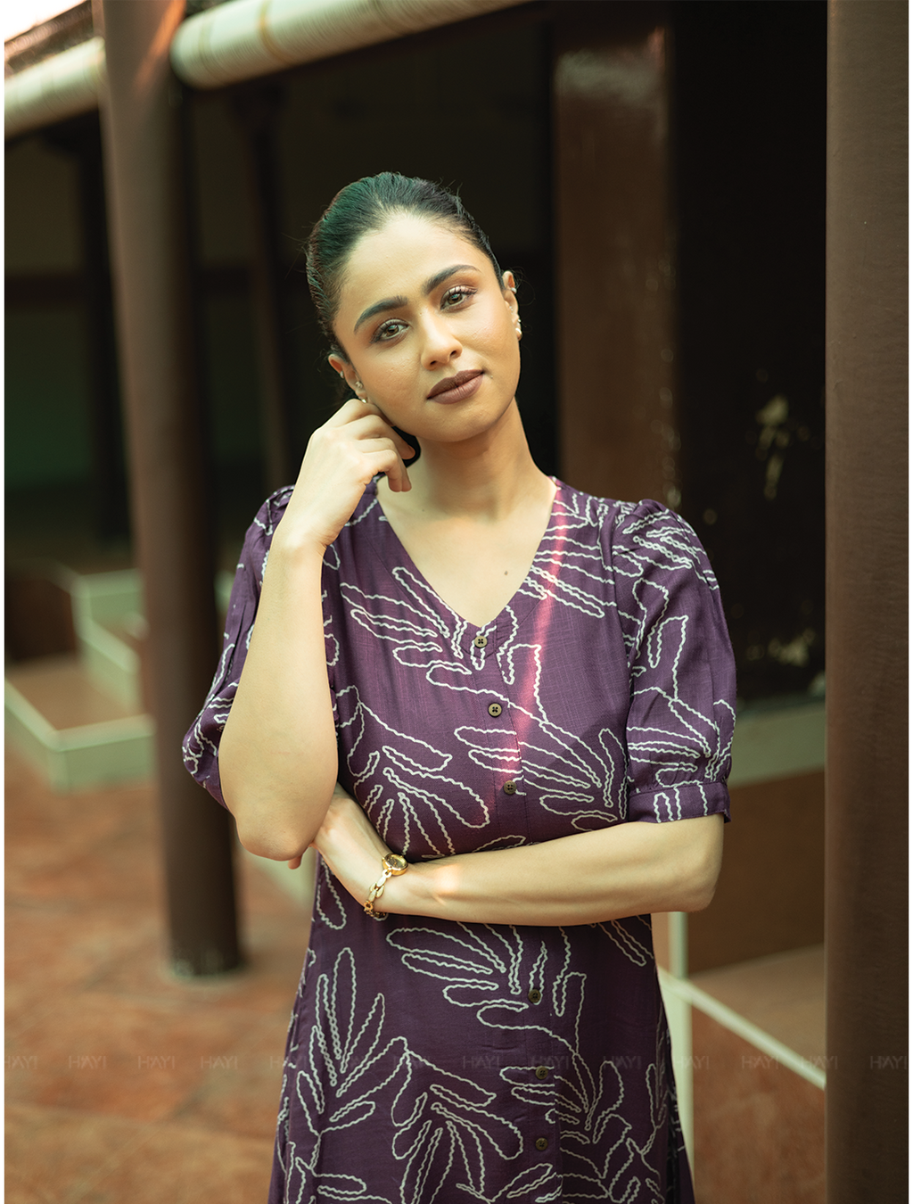 Vionora Violet Viscose Dress with Rounded Square neck & Puff Sleeves