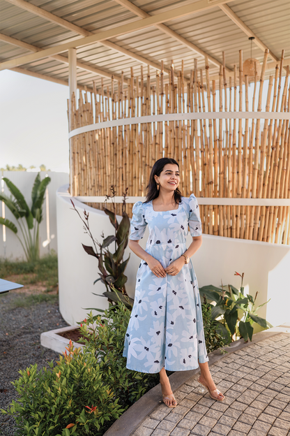 Fleur Blue Cotton Blend Dress with Rounded Square Neck & Leg-O-Mutton Sleeves