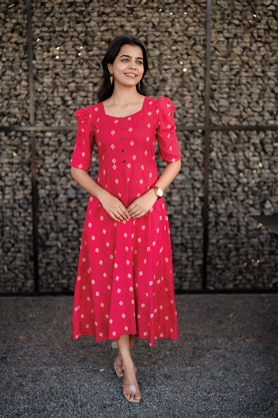 Redloom Cotton Dress with Sweetheart neck & Leg-O-Mutton Sleeves