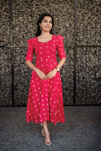 Redloom Cotton Dress with Sweetheart neck & Leg-O-Mutton Sleeves