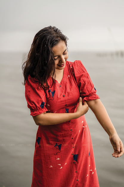 Kite Queen Red  A-line Cotton Flex Kurta with V-Neck & puff Sleeves