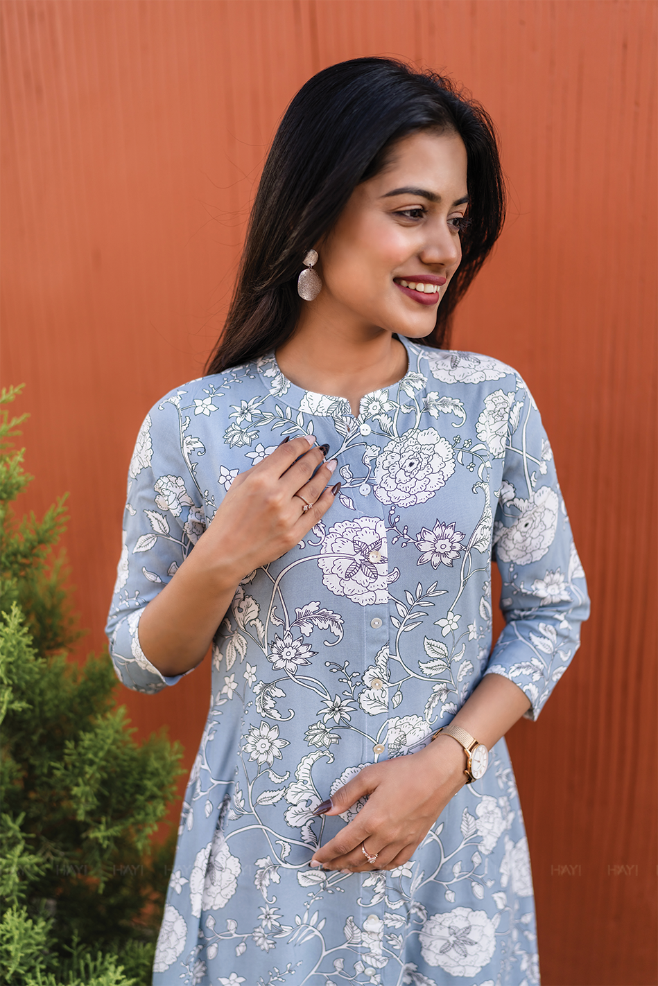 Hazy Petal Blue Viscose Co-ord with Chinese Collar & 3/4th sleeves