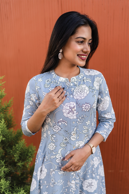 Hazy Petal Blue Viscose Co-ord with Chinese Collar & 3/4th sleeves