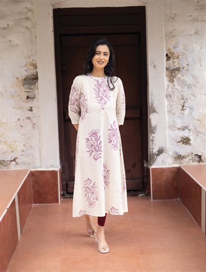 Lineleaf Tales White Cotton Flex A-line Kurta with Chinese Collar & 3/4th Sleeves