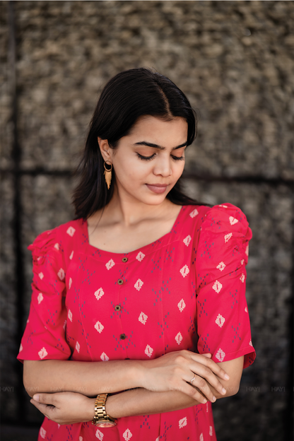 Redloom Cotton Dress with Sweetheart neck & Leg-O-Mutton Sleeves