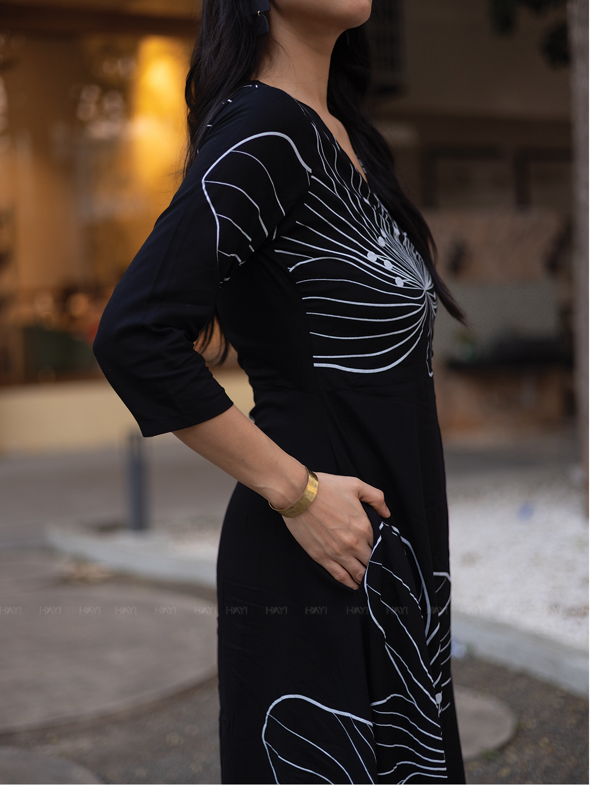 Ebony Blossom Black Viscose Dress with V-neck & 3/4th Sleeves