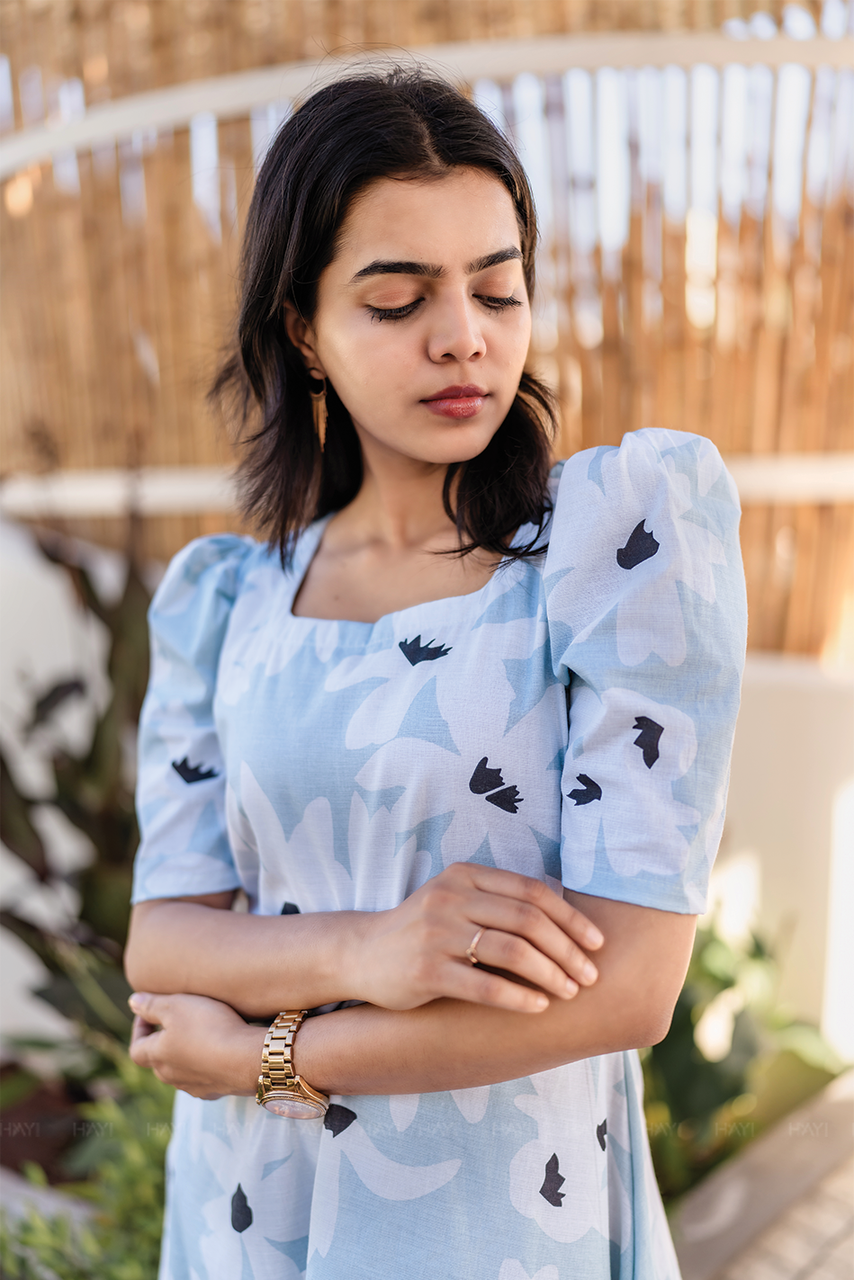 Fleur Blue Cotton Blend Dress with Rounded Square Neck & Leg-O-Mutton Sleeves