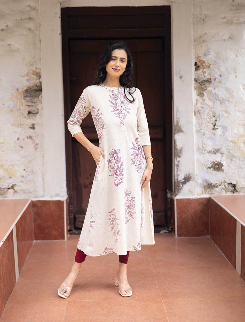 Lineleaf Tales White Cotton Flex A-line Kurta with Chinese Collar & 3/4th Sleeves