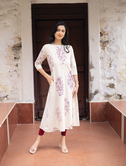 Lineleaf Tales White Cotton Flex A-line Kurta with Chinese Collar & 3/4th Sleeves