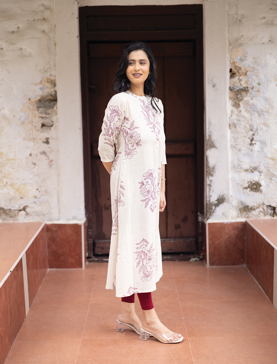 Lineleaf Tales White Cotton Flex A-line Kurta with Chinese Collar & 3/4th Sleeves