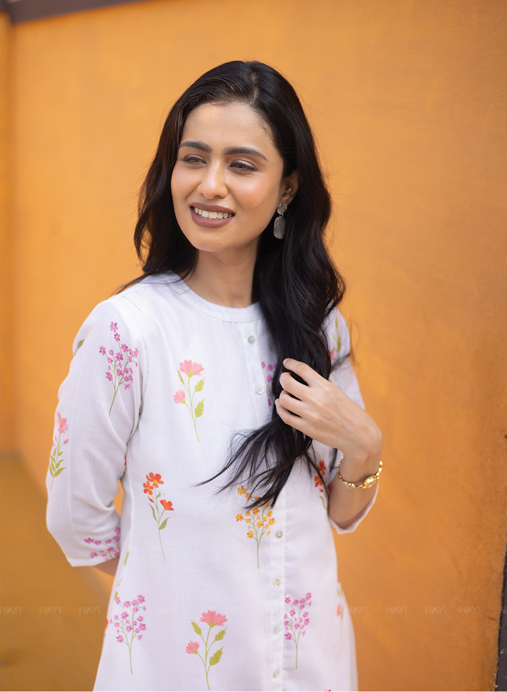 Petal Dreams Off White Linen Blend A-line Kurta with Chinese Collar and 3/4th Sleeves