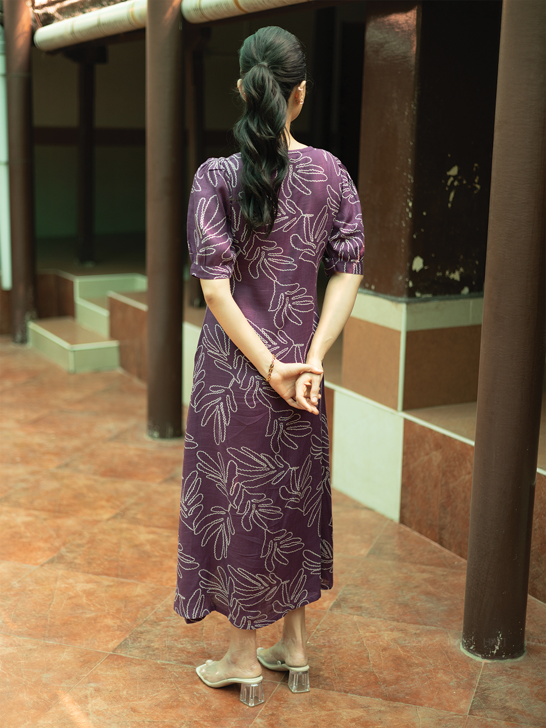 Vionora Violet Viscose Dress with Rounded Square neck & Puff Sleeves