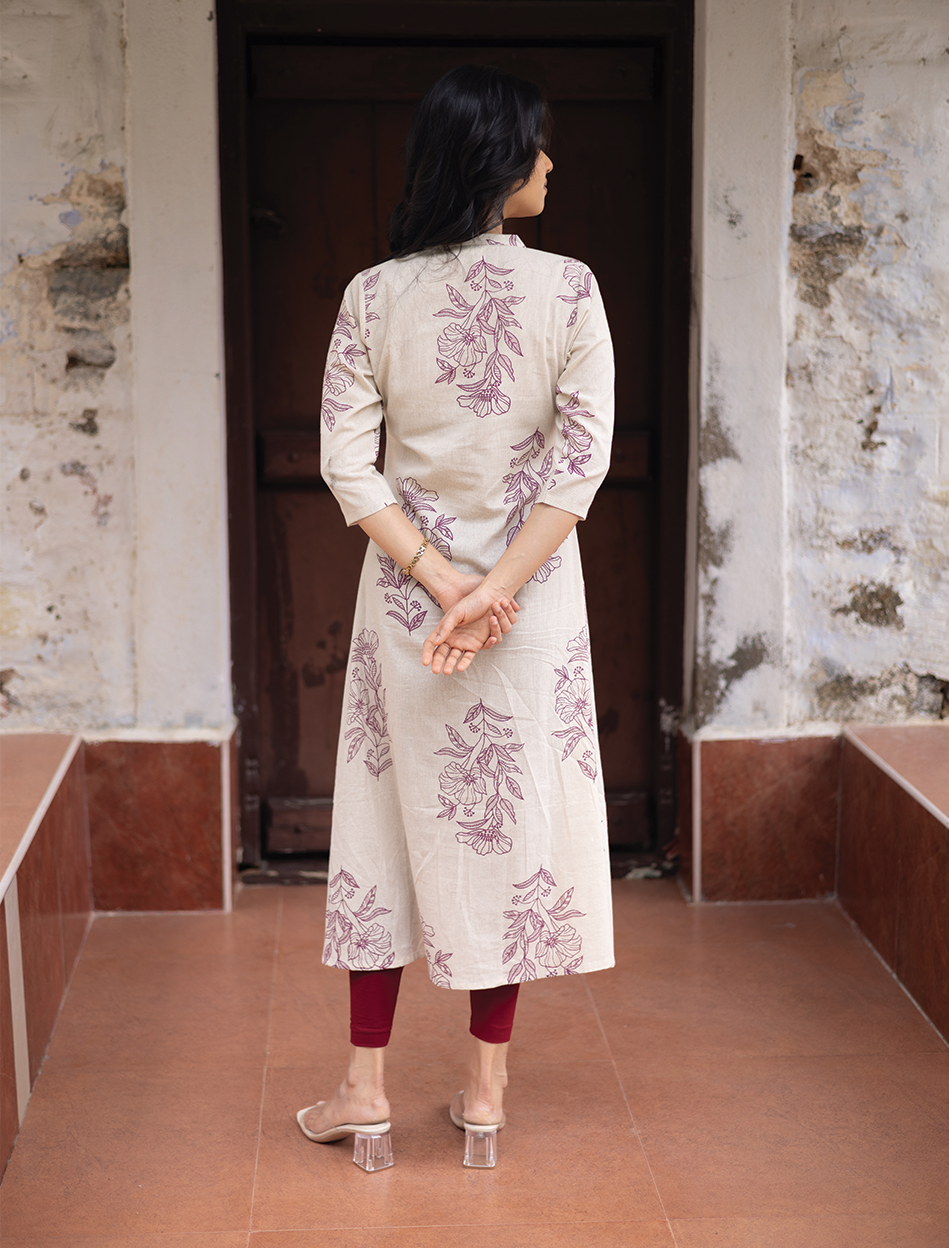 Lineleaf Tales White Cotton Flex A-line Kurta with Chinese Collar & 3/4th Sleeves