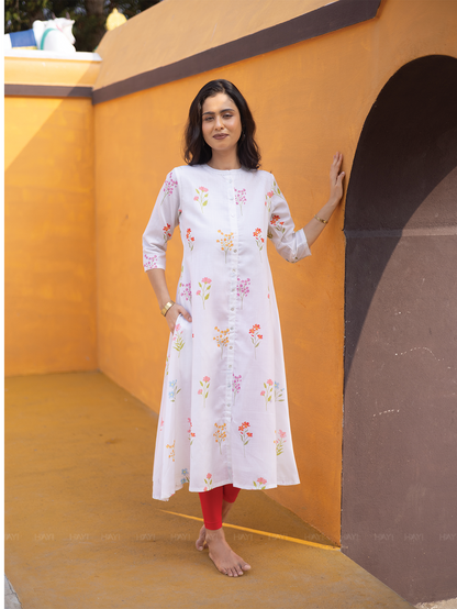 Petal Dreams Off White Linen Blend A-line Kurta with Chinese Collar and 3/4th Sleeves