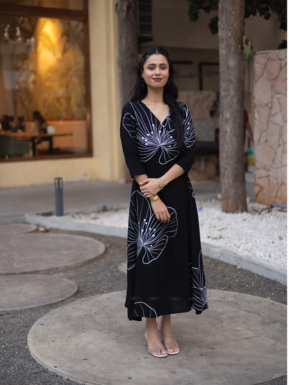 Ebony Blossom Black Viscose Dress with V-neck & 3/4th Sleeves