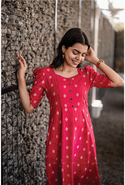 Redloom Cotton Dress with Sweetheart neck & Leg-O-Mutton Sleeves