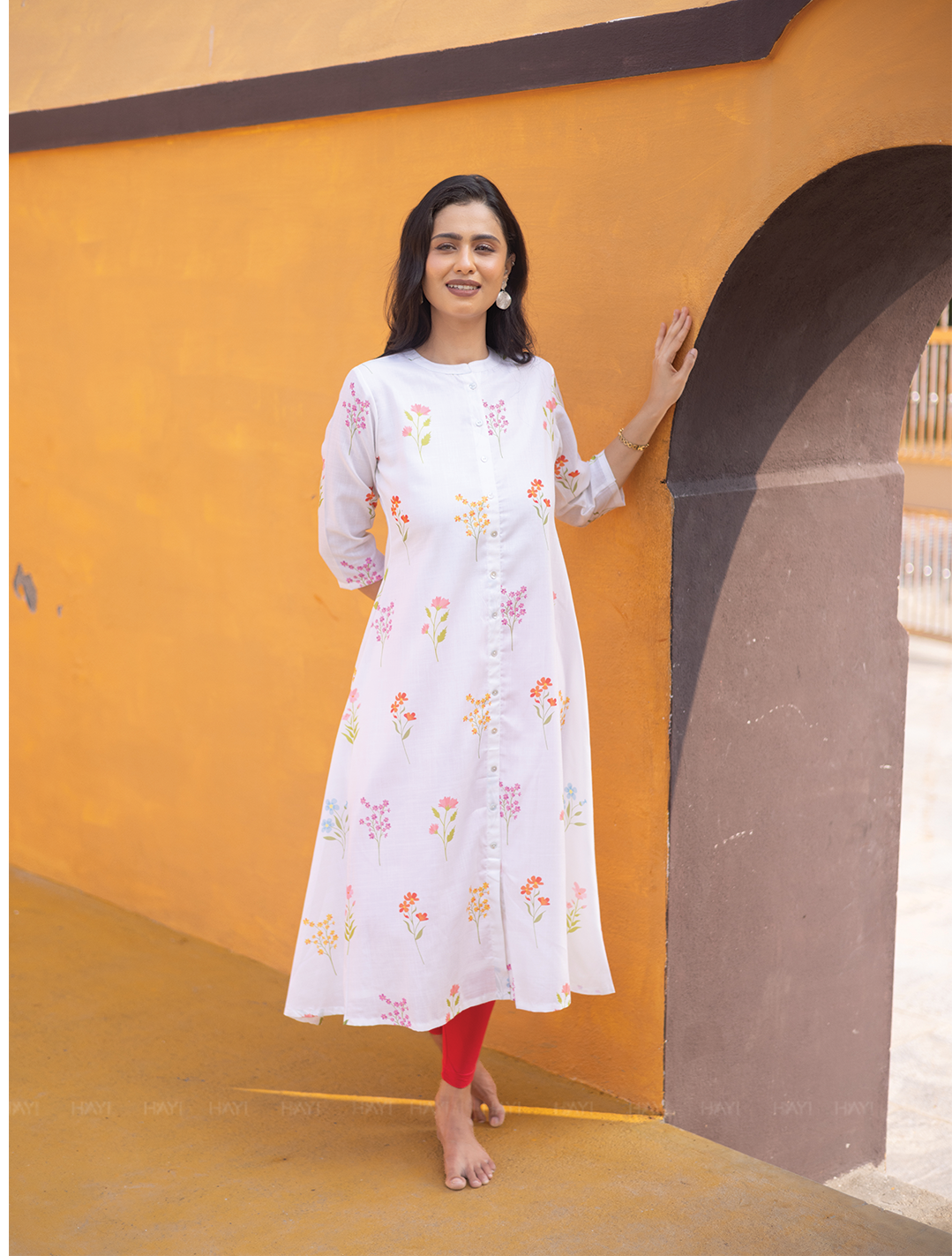 Petal Dreams Off White Linen Blend A-line Kurta with Chinese Collar and 3/4th Sleeves