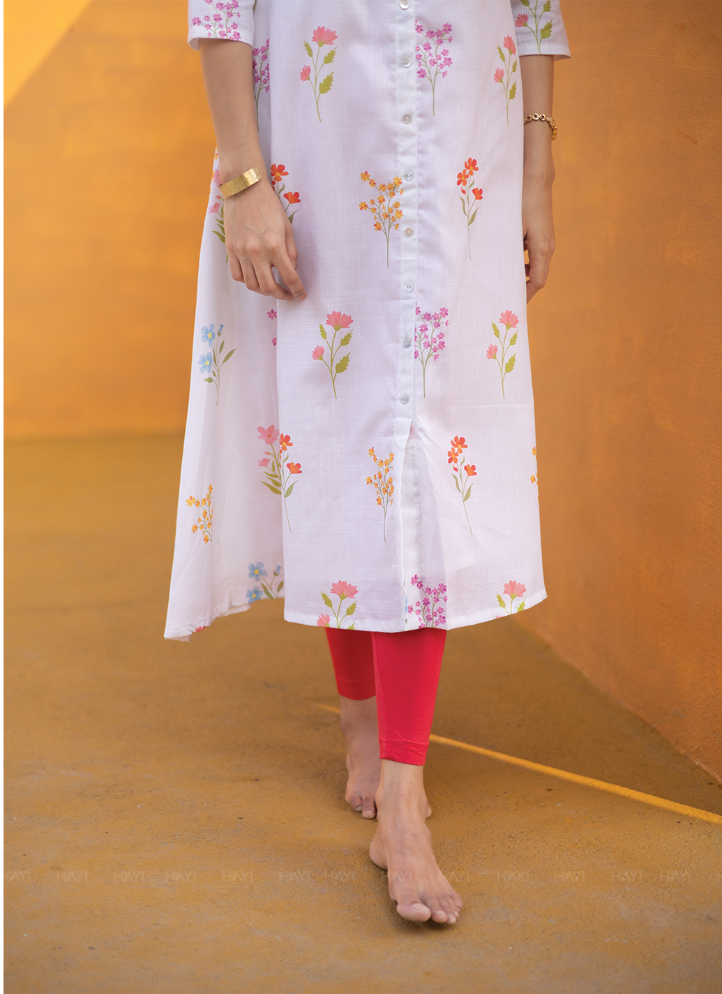 Petal Dreams Off White Linen Blend A-line Kurta with Chinese Collar and 3/4th Sleeves