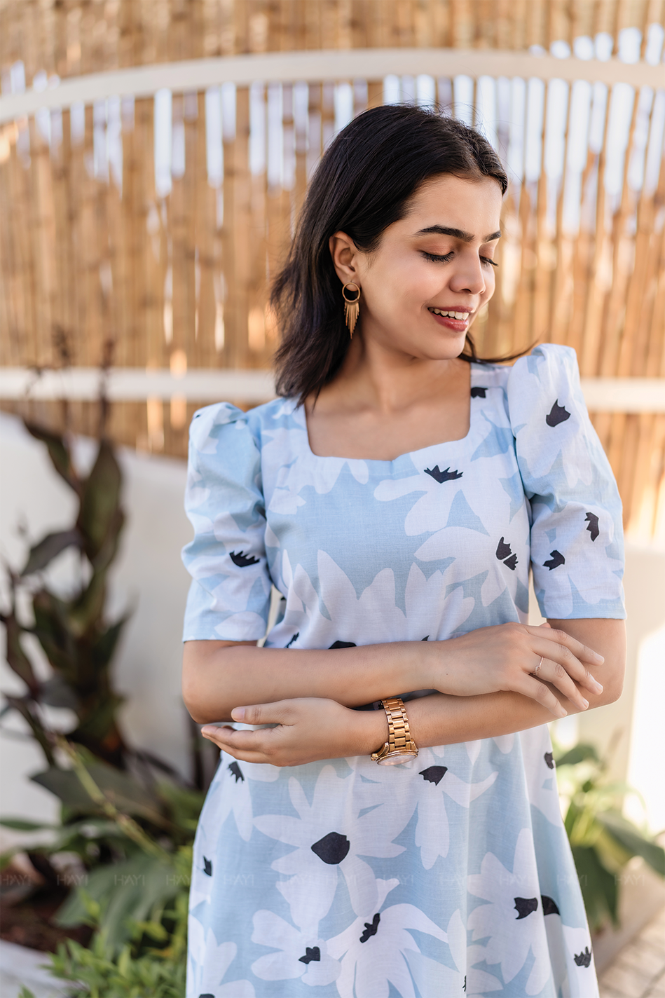 Fleur Blue Cotton Blend Dress with Rounded Square Neck & Leg-O-Mutton Sleeves