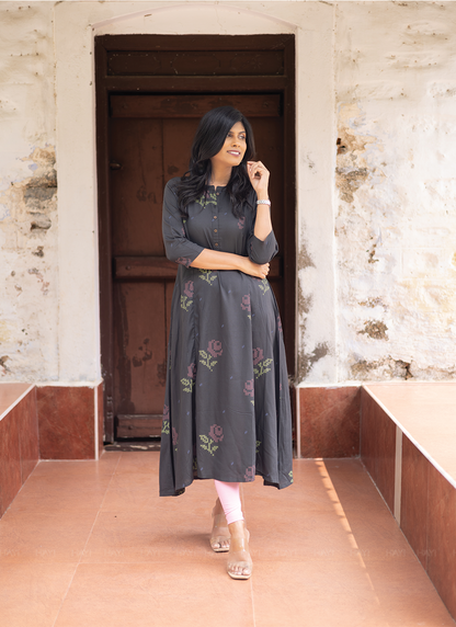 Elarose Dark Gray A-line Viscose Kurta with Chinese Collar neck & 3/4th Sleeves