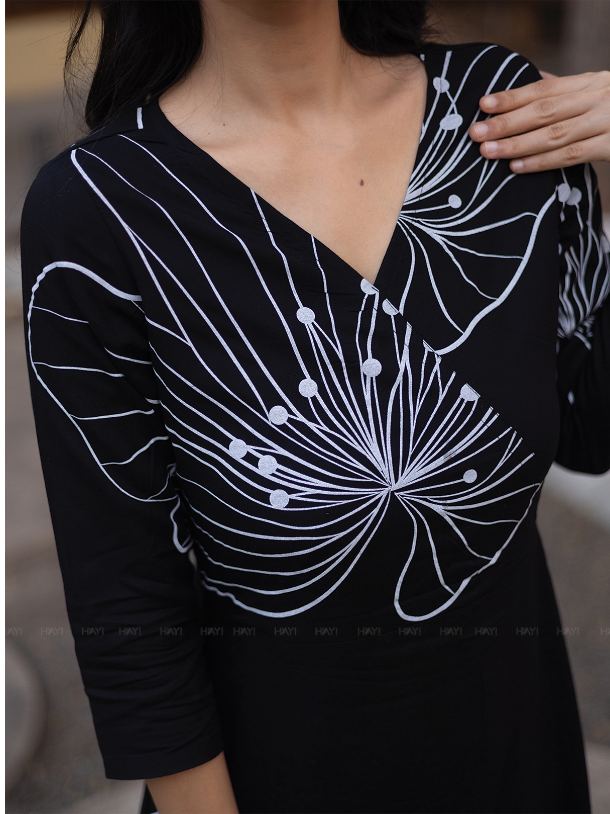 Ebony Blossom Black Viscose Dress with V-neck & 3/4th Sleeves