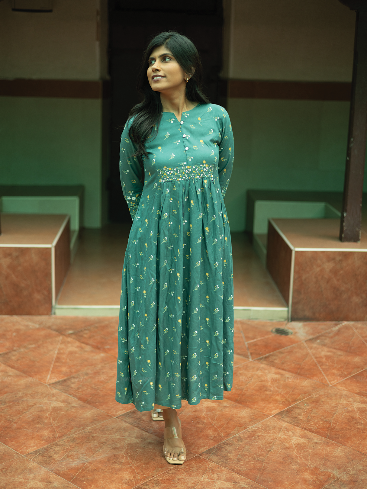 Garden Wraped Olive Green  A-line Viscose Kurta with Notch Neck & 3/4th Sleeves