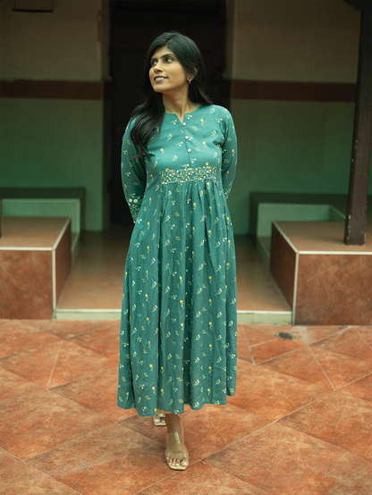 Garden Wraped Olive Green  A-line Viscose Kurta with Notch Neck & 3/4th Sleeves