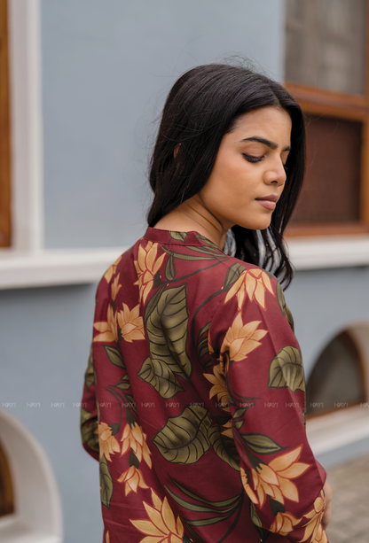 Terra Red with Earthy Boho floral printed Linen Blend Co-ords