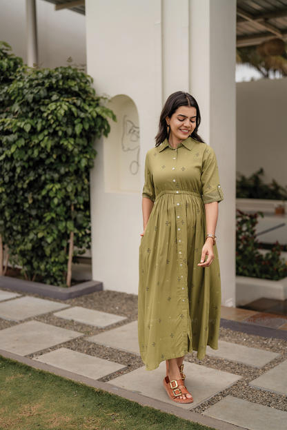 Goldenrod Green Viscose Dress with Shirt Collar & Elbow Sleeves
