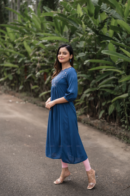 Midtown Minimal Blue Viscose Dress with Close Neck and Embroidery