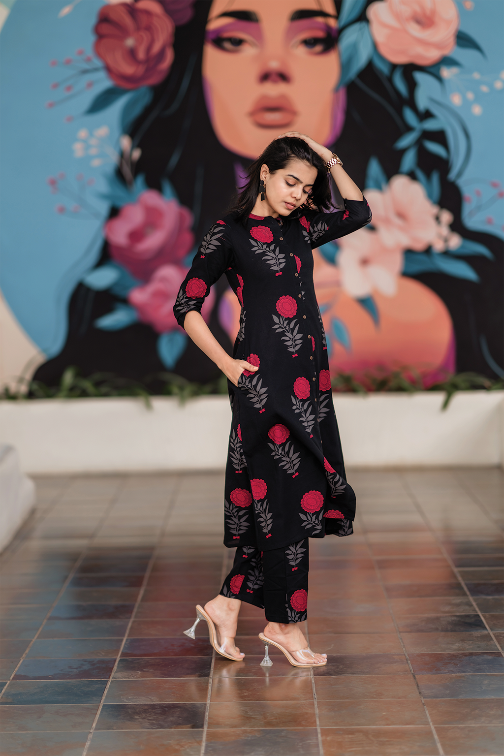 Fuchsia Mist Black Cotton Co-ord with Chinese collar & 3/4th sleeves