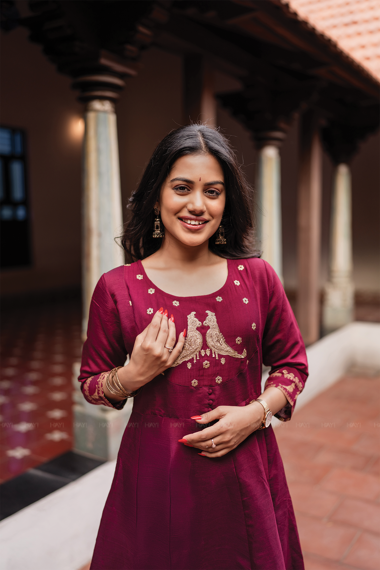 Birdveil Plum Viscose Placement Print Embroidered Anarkali with Round Neck & 3/4th Sleeves