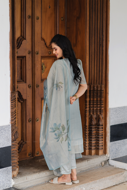 Periwinkle 3 Piece Blue Shimmer Tissue Printed Kurta with Pant & Dupatta