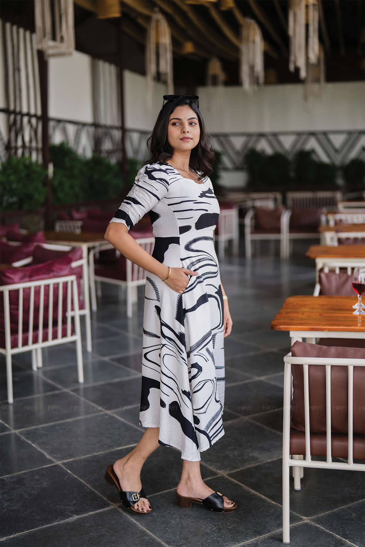 Flowing Ink Artistic White Viscose Dress with Sweetheart Neck & Full Ruched Sleeves