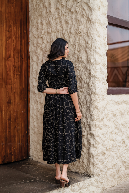Dusklure Black Viscose Dress with Boat Neck & 3/4th Sleeves
