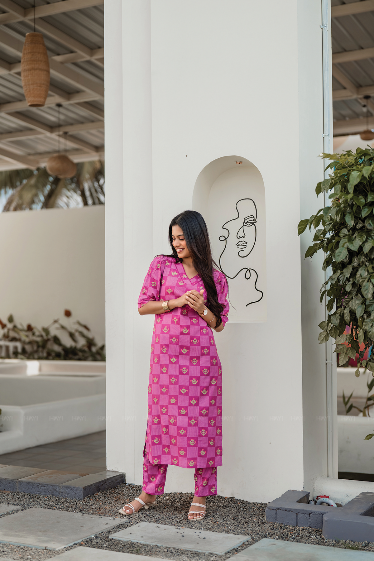 Pink Lattice Glam Viscose Co-ord with V-Neck & Lace