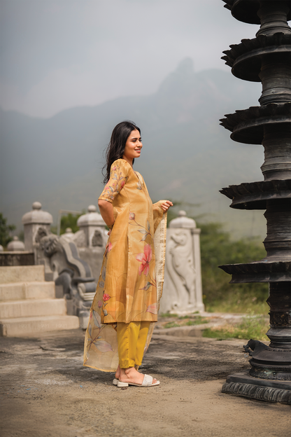 Floral Silkshine Yellow 3 Piece Shimmer Tissue Blend Floral Placement Printed Kurta with Pant & Dupatta