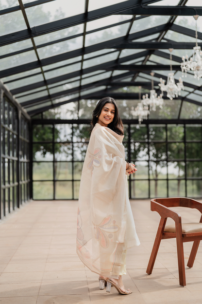 Pearl Off-White 2 Piece Silk Blend Placement Printed Embroidery Kurta with Pant & Dupatta