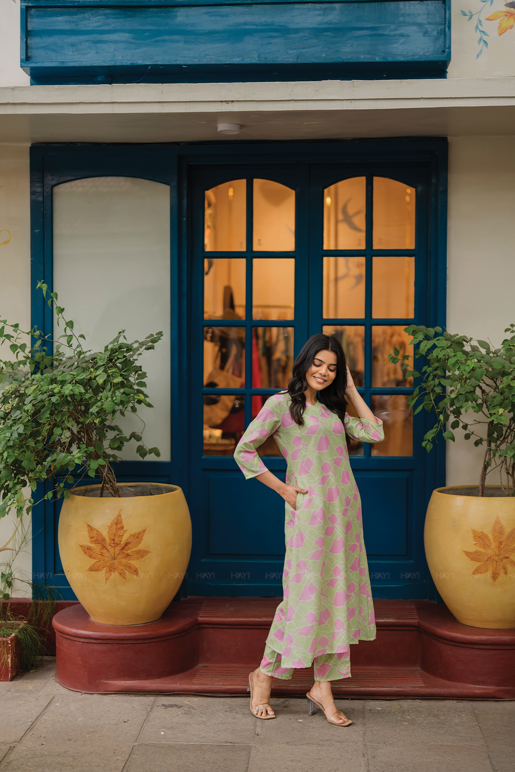 Rinth Green with Whimsical Bloom printed Linen Blend Co-ords