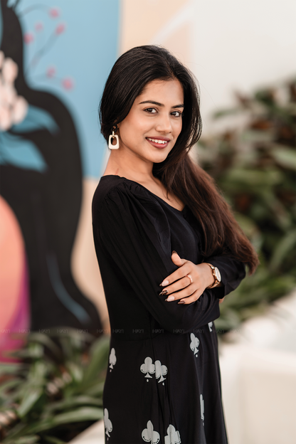 Clover Black Viscose Dress with V-Neck and Light Puff Sleeves