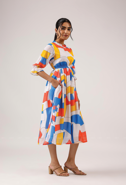 Prism White with Cubist Charm printed Lux Georgette Dress