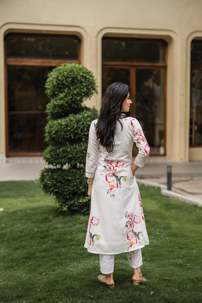 Pastel Floral Dream Off-White Linen Blend Co-ord with V-Neck & Lace