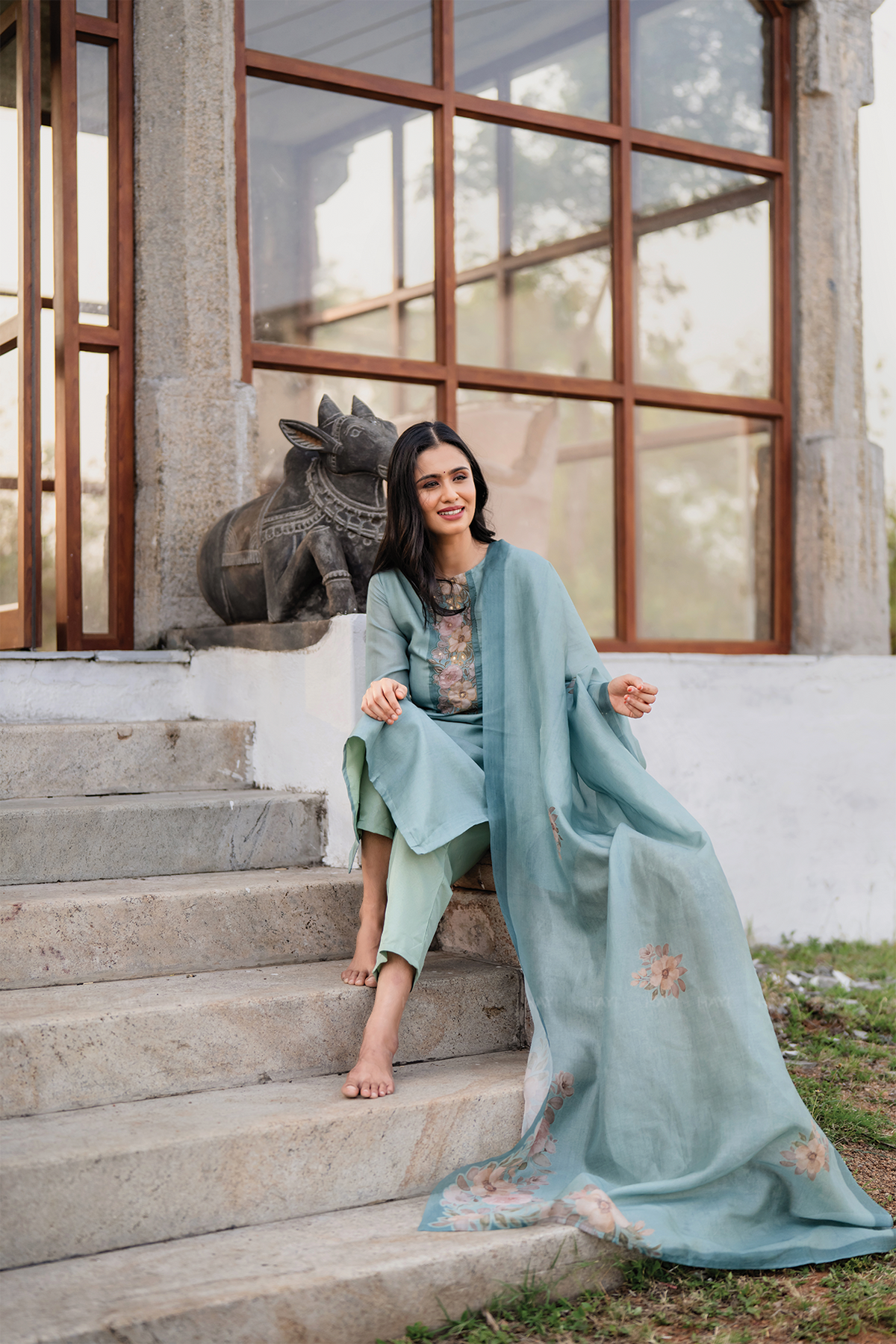 Rustic Charm Green 3 Piece Shimmer Tissue Blend Embroidered & Printed Kurta with Pant & Dupatta